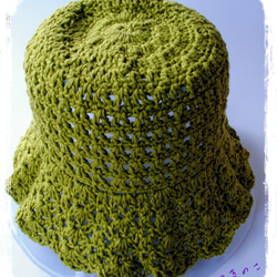日除け　日焼け防止　緑　グリーン　ビタミンカラーの透かし編みのコットンハット帽子　レディース用　 9枚目の画像