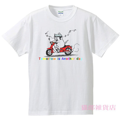 猫郎雑貨店　コットン Tシャツ　猫ライダー(ｶﾗｰ)　100～140　白 1枚目の画像