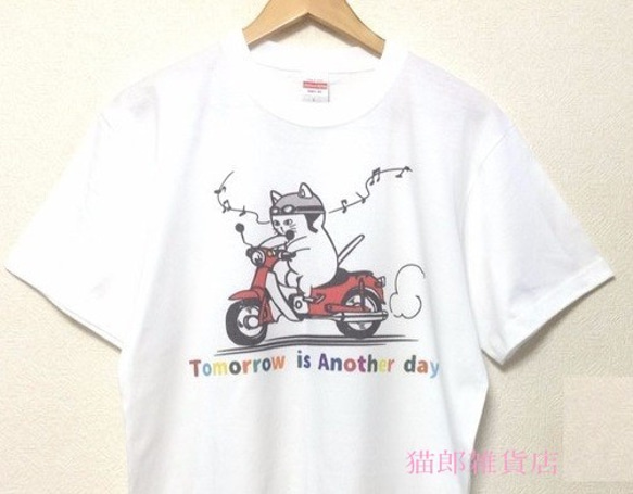 猫郎雑貨店　コットン Tシャツ　猫ライダー(ｶﾗｰ)　100～140　白 2枚目の画像