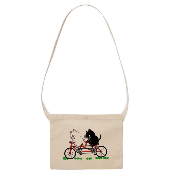 サコッシュ　猫郎雑貨店「猫郎の二匹乗り自転車」　ナチュラルカラー 2枚目の画像