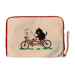 キャンバスクラッチバッグ　猫郎雑貨店　二匹乗り自転車の猫郎 2枚目の画像