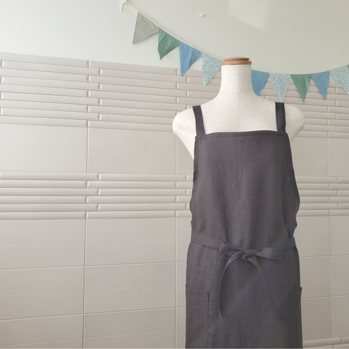 3wayエプロン◎ハーフリネン▽チャコールグレー