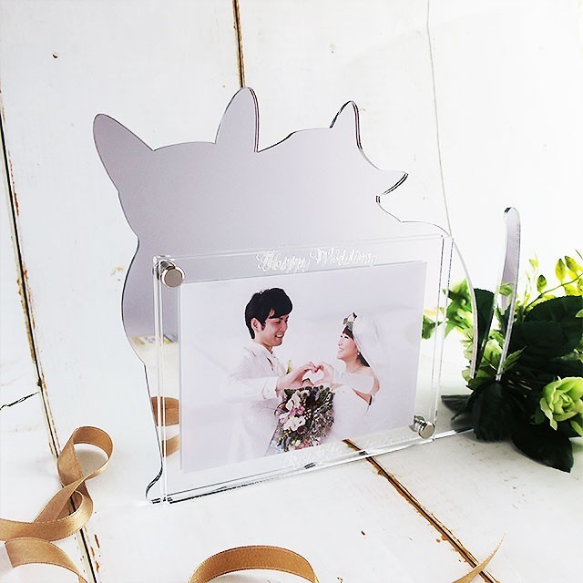 猫シルエット ミラーシルバー フォトフレーム ウェディング メッセージ変更可 ラッピング無料