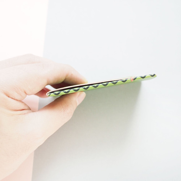 スイカ 柄) ヌメ革 パスケース 定期入れ カードホルダー 緑 + ピンク 薄型 3枚目の画像