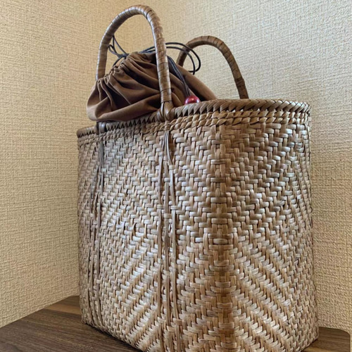 山葡萄 山葡萄かごバッグ 手作り 籠バッグ 網代編み LLサイズ 巾着 