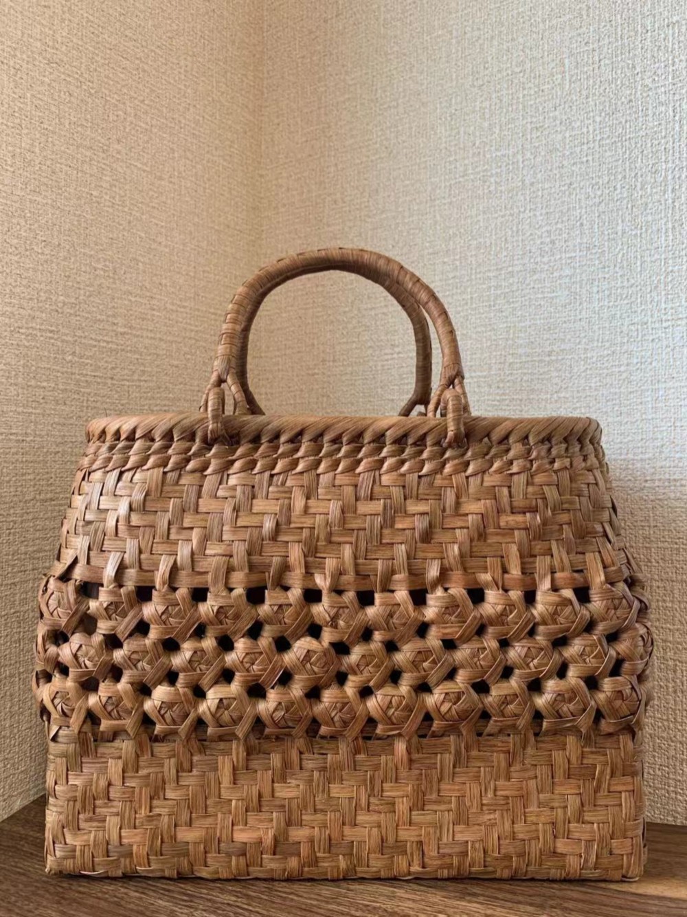 山葡萄かごバッグ　手作り　山葡萄籠バッグ　網代編み　定番　内布あり