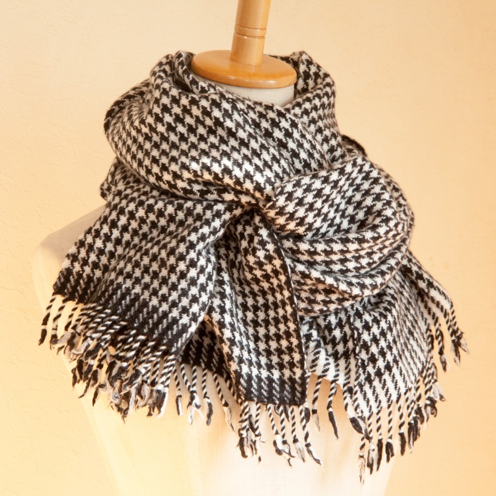 【定番】タスマニアラムウール 手織千鳥格子 ブラック×ホワイトストール【送料無料】