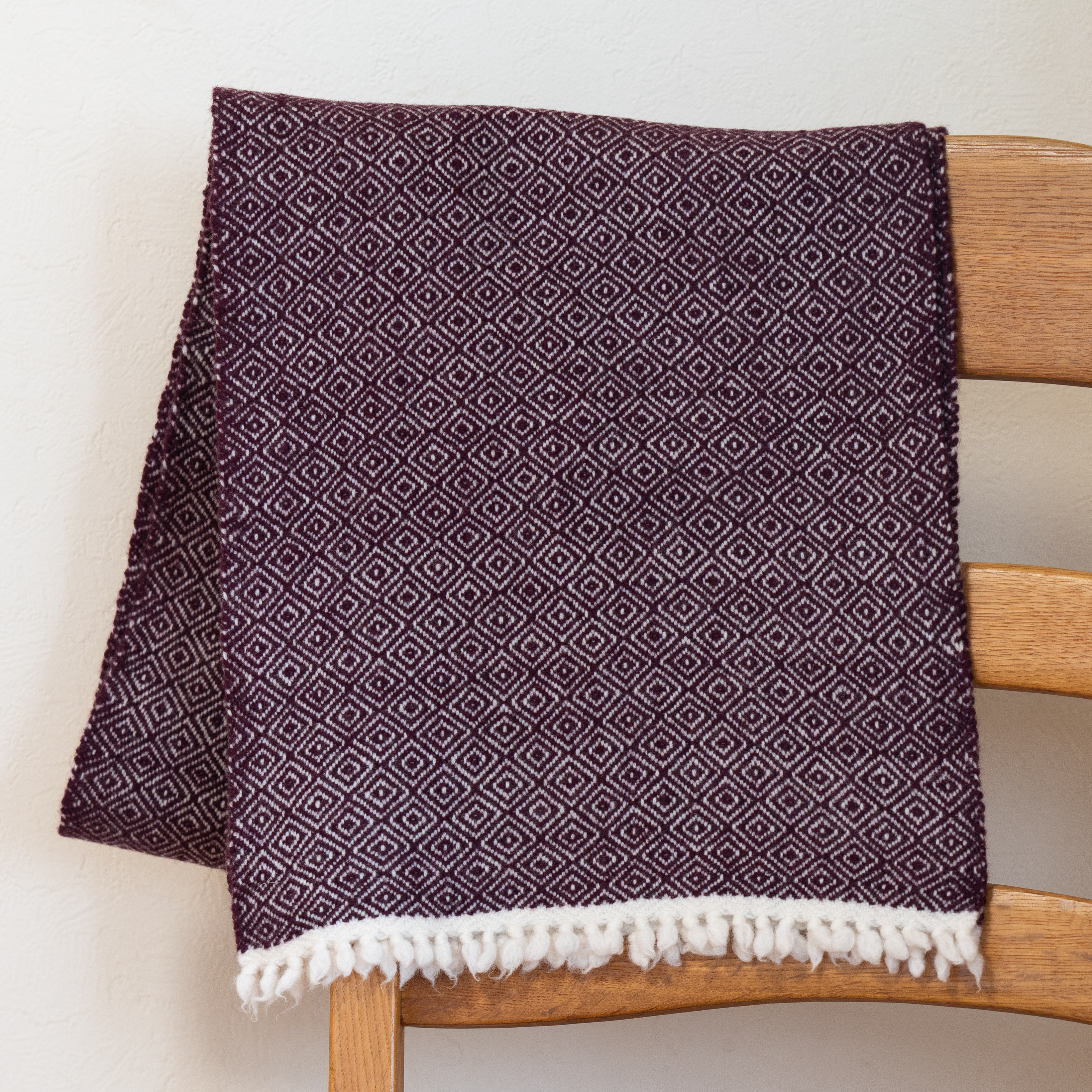 タスマニアラムウール 手織りマフラー　バーズアイ ワイン×ホワイト【送料無料】