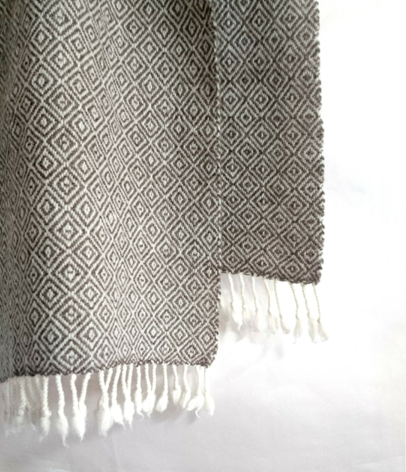 ＬＩＮＥＮ　ＧＩＲＬの手織り　タスマニアラムウール　バーズアイブラウン×ホワイト 1枚目の画像