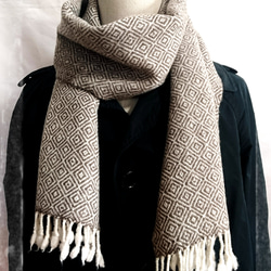 ＬＩＮＥＮ　ＧＩＲＬの手織り　タスマニアラムウール　バーズアイブラウン×ホワイト 2枚目の画像
