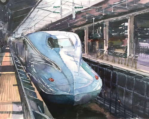 水彩画　ジクレー版画「西鉄電車とコスモス」（久留米市） 水彩画 ジクレー版画「西鉄電車とコスモス」（久留米市）