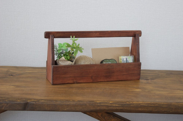 取っ手付き スリムな木箱 マホガニー色 フリーボックス・小物入れ