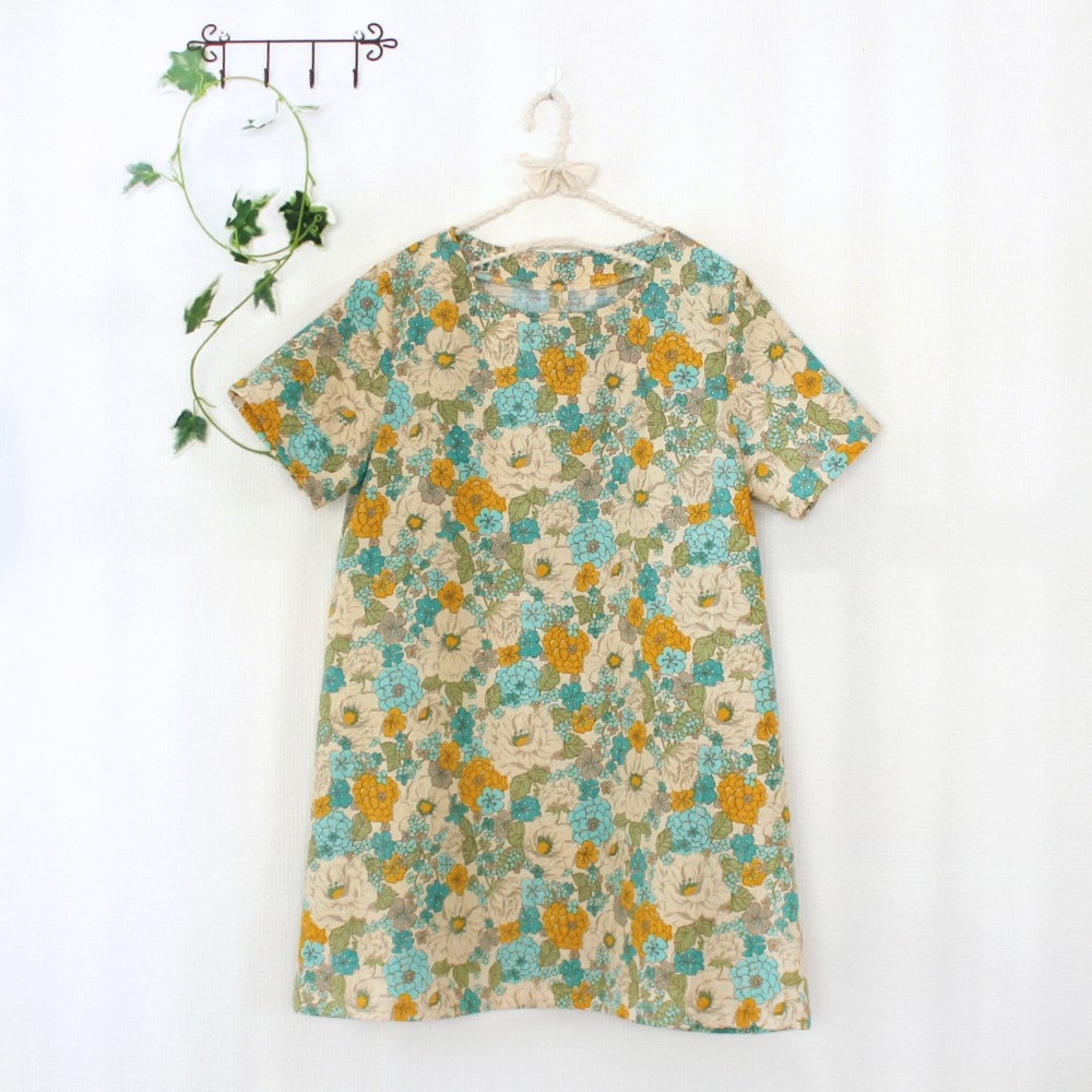 【送料無料】イエローとグリーンの花柄半袖チュニック