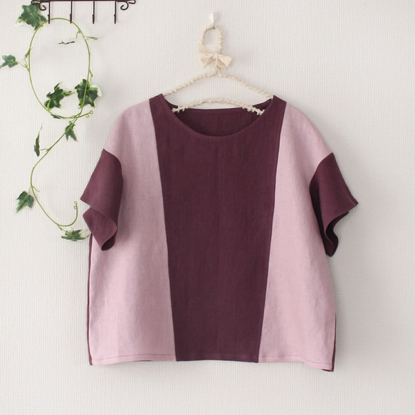 【送料無料】リネン紫×ピンクのフリル袖ブラウス 1枚目の画像
