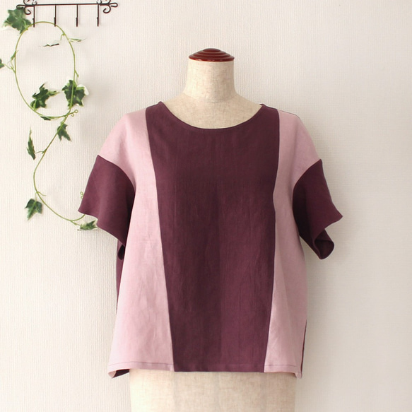 【送料無料】リネン紫×ピンクのフリル袖ブラウス 2枚目の画像