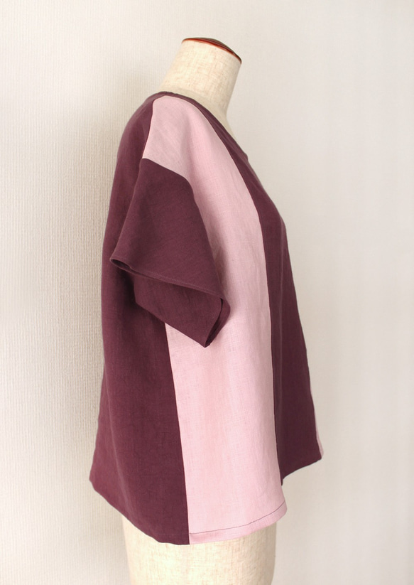 【送料無料】リネン紫×ピンクのフリル袖ブラウス 4枚目の画像