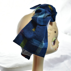 kimono 2way ribbon turban 着物リボンターバン　着物リメイク　ヘアバンド　日本製　青　カラフル 3枚目の画像