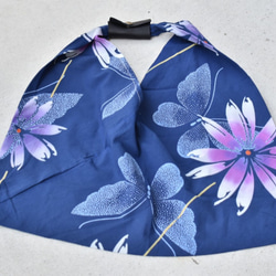 kimono Azuma Bukuro 東袋　着物　浴衣　トートバッグ　エコバッグ　サブ　花柄　蝶々　ネイビー　藍色　 1枚目の画像