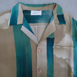 Kimono aloha shirt long sleeve 長袖　アロハシャツ　着物リメイク　グリーン　竹　和柄　和風 7枚目の画像