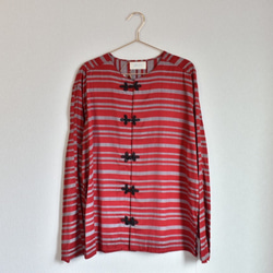 Kimono china shirt 着物リメイク チャイナシャツ カンフー ノーカラー ボーダー 赤 5枚目の画像