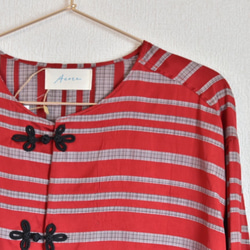 Kimono china shirt 着物リメイク チャイナシャツ カンフー ノーカラー ボーダー 赤 7枚目の画像
