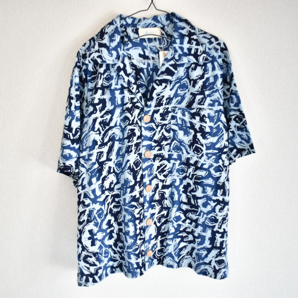 浴衣リメイク 半袖アロハシャツ オープンカラーシャツ ショートパンツ セットアップ 迷彩風 ブルー 5枚目の画像