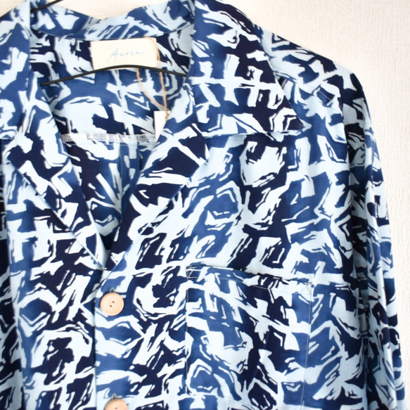 浴衣リメイク 半袖アロハシャツ オープンカラーシャツ ショートパンツ セットアップ 迷彩風 ブルー 7枚目の画像