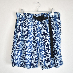 浴衣リメイク 半袖アロハシャツ オープンカラーシャツ ショートパンツ セットアップ 迷彩風 ブルー 8枚目の画像