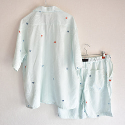 着物リメイク 半袖 アロハシャツ オープンカラーシャツ ショートパンツ セットアップ 折鶴 麻の葉模様 ライトブルー 4枚目の画像
