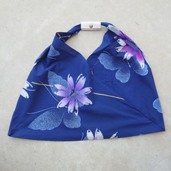 kimono Azuma Bukuro 東袋　着物　トートバッグ　エコバッグ　サブ　ブルー　ネイビー　花柄　浴衣 1枚目の画像