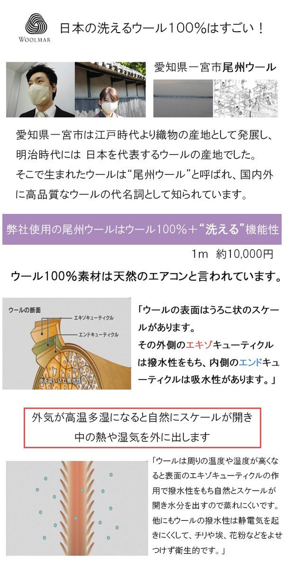 Mサイズ　オフホワイト　or ベージュ　1年中使える＆洗える　「ウール100％マスク　フィルター30枚付セット」 9枚目の画像