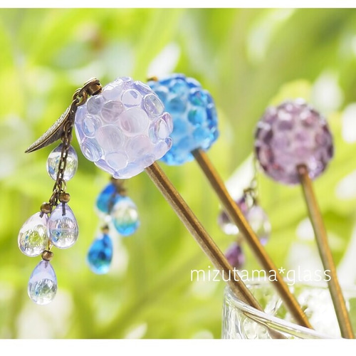 とんぼ玉ミニかんざし <紫陽花> かんざし 瑞玉 -mizutama とんぼ玉ミニかんざし <紫陽花> かんざし 瑞玉 -mizutama