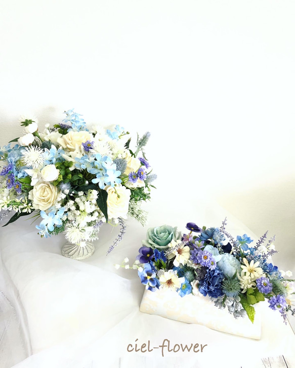 ポン吉様オーダー分　　開店祝い用　柔らかいブルーアレンジメント  花器clayにて　　アーティフィシャルフラワー 6枚目の画像