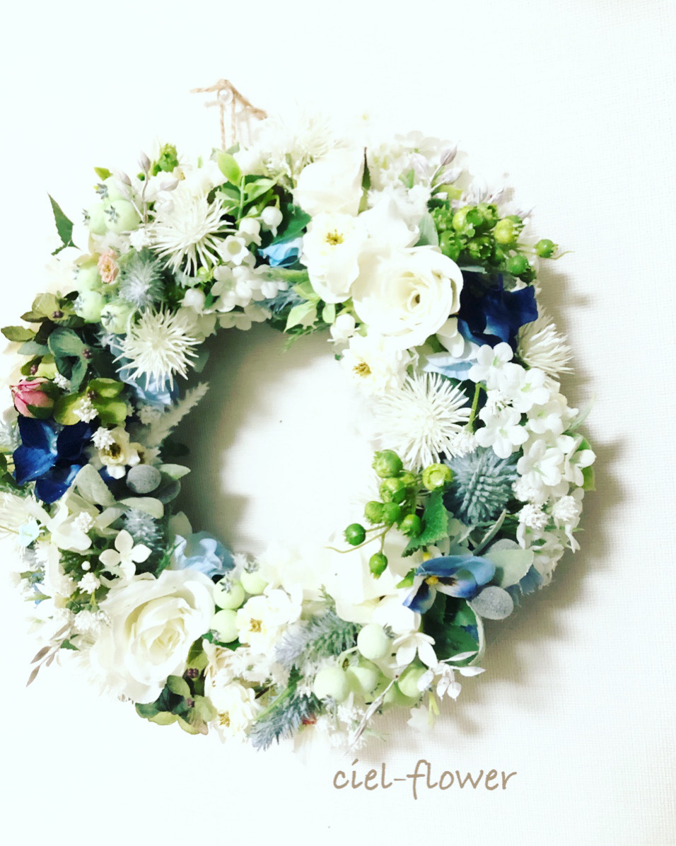 2021人気色　ホワイト✖️ブルー　フラワーリース　アーティフィシャルフラワー