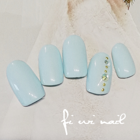 Simple Blue♡ネイルチップ♡水色シンプルストーン 1枚目の画像