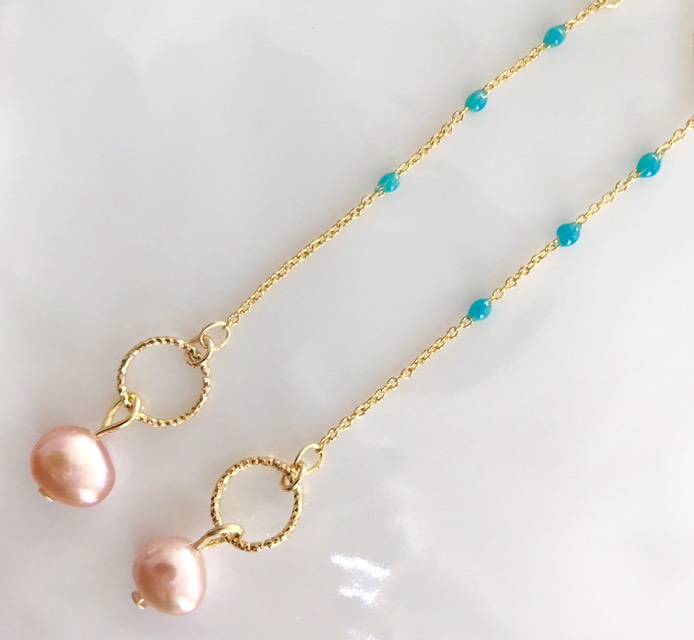 天然ピンクパール・レジンドロップチェーンピアス