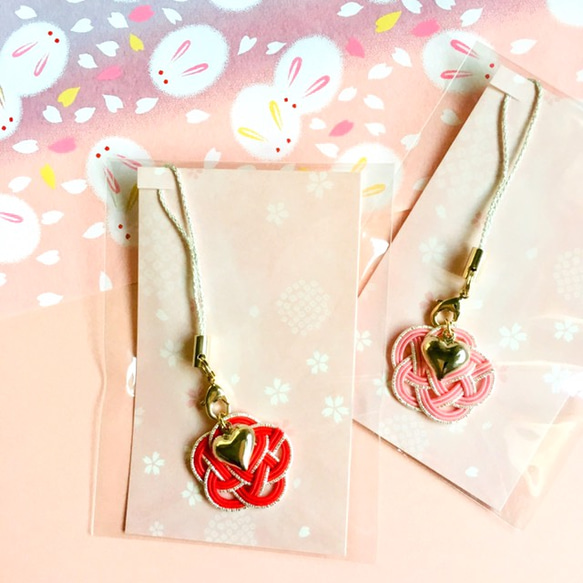 水引ストラップ  梅ハート♡レッド&ピンク2個セット 2枚目の画像