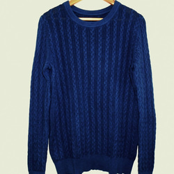 ◆天然灰汁発酵建て　本藍染◆　コットンカシミヤ　ケーブル編みセーター 2枚目の画像