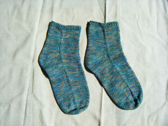 手編みの靴下 コットン混 グリーン系　 №29 1枚目の画像
