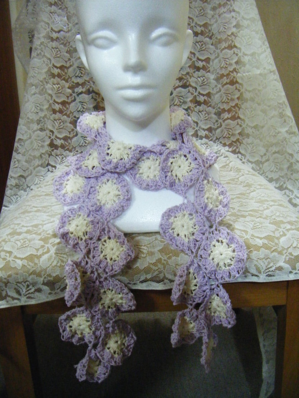 ストール 春のお花模様 手編み コットン 2枚目の画像