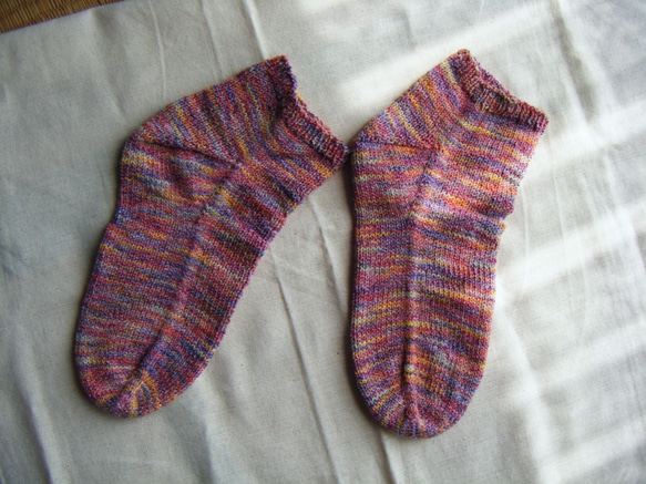 手編みの靴下 コットン混 ピンク №14 1枚目の画像