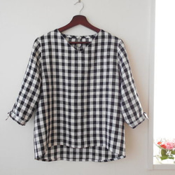 リネンギンガムの袖リボンブラウス 1枚目の画像