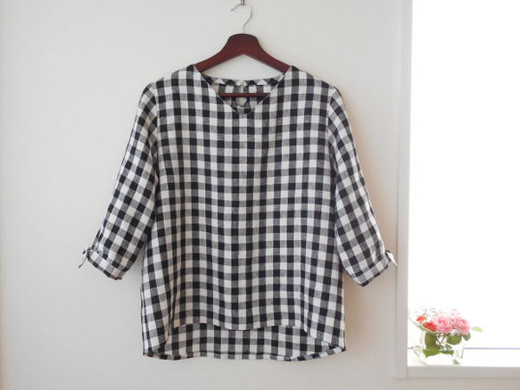 リネンギンガムの袖リボンブラウス 1枚目の画像