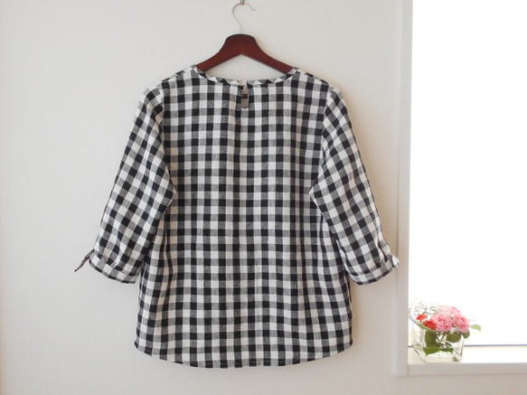 リネンギンガムの袖リボンブラウス 4枚目の画像