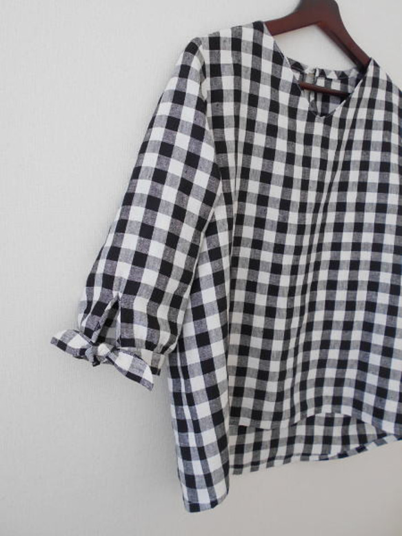 リネンギンガムの袖リボンブラウス 3枚目の画像