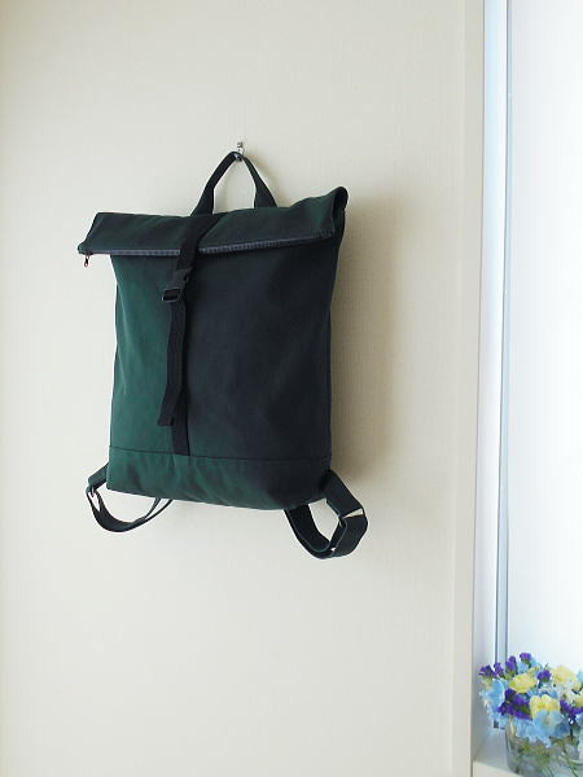 帆布の口折れリュック・グリーン 3枚目の画像
