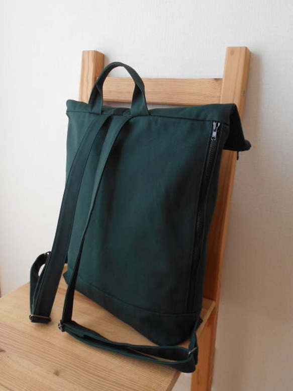 帆布の口折れリュック・グリーン 5枚目の画像