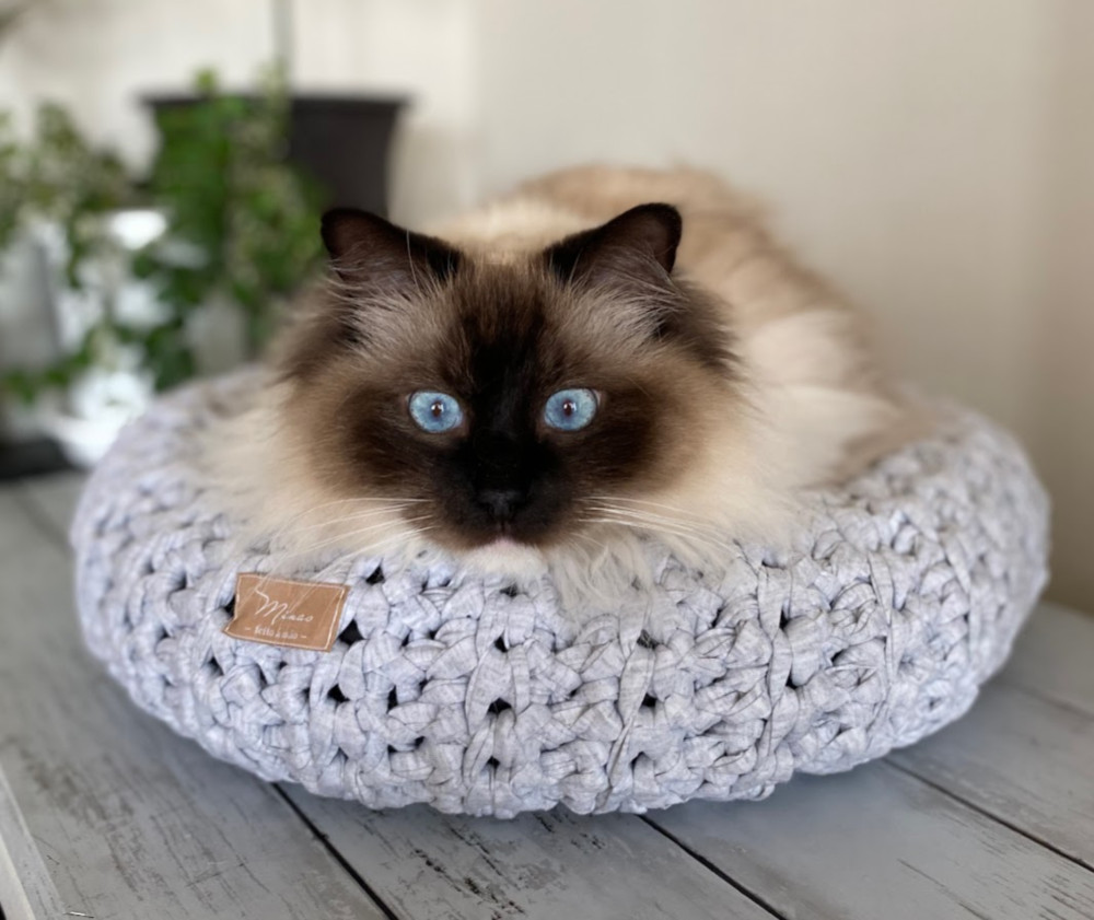 《送料込》爪とぎしても大丈夫♪ひとつひとつ手編み minas 猫用ラウンドベッド ライトグレー Sサイズ