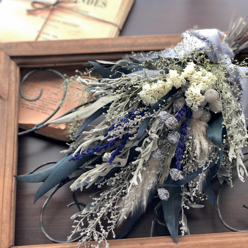 ドライフラワー ブルーグレーのスワッグ ドライフラワー green green