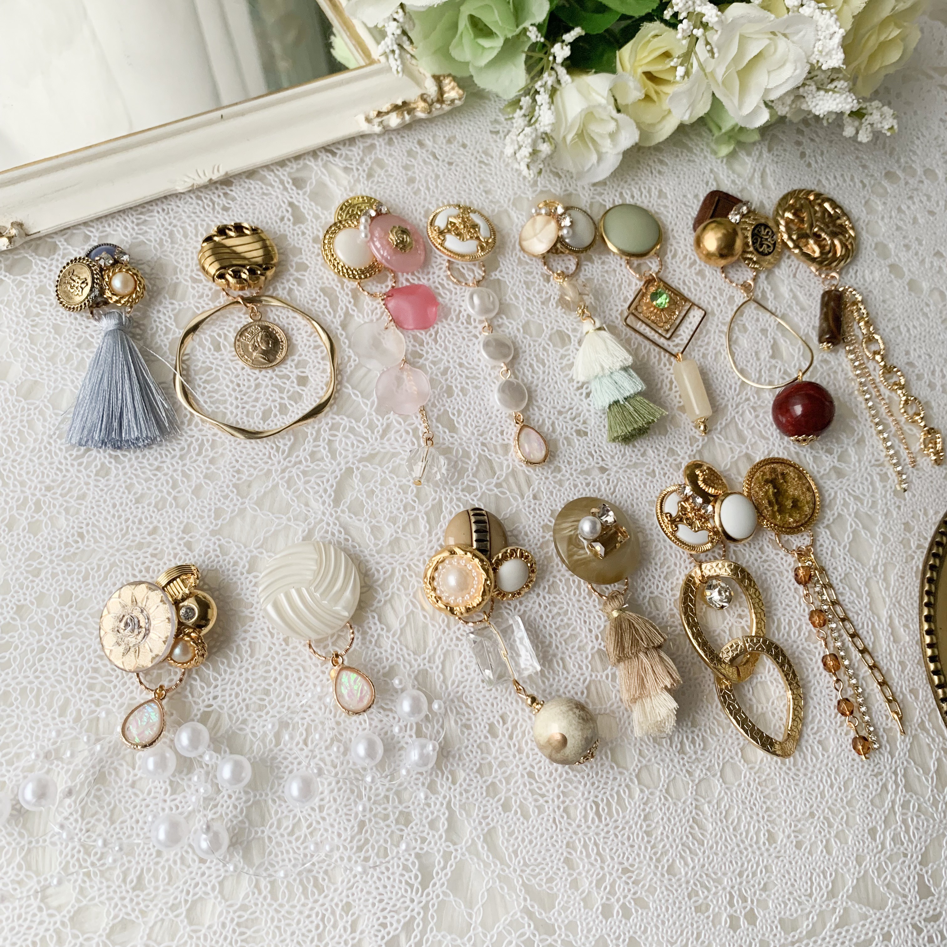 再5 レトロ ラタン ベージュ ピンク ピアス イヤリング リボン